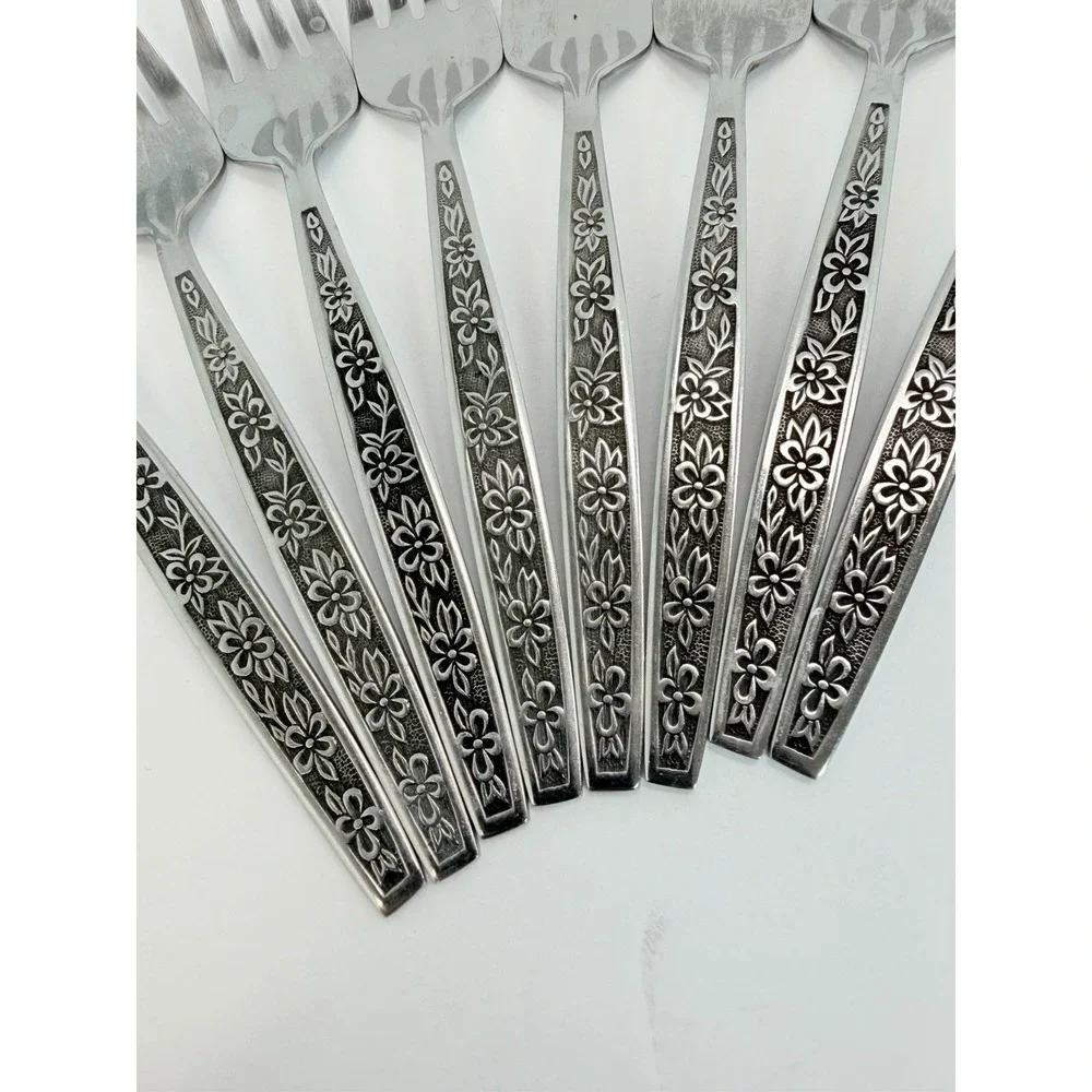 Rogers Co Stanley Robert's La Spana Salad Forks Stainless Floral Lot Of 8